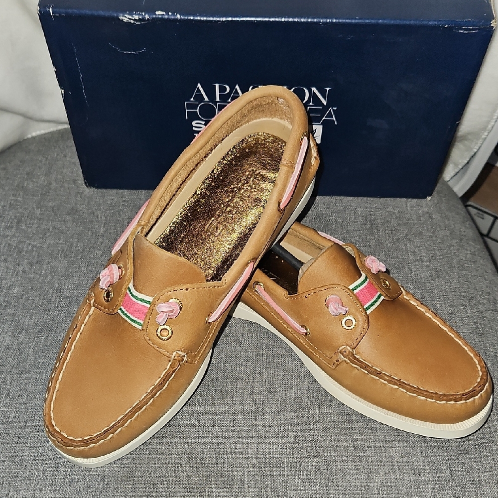 Sperry Top-Sider Slip On Tan Moccasins with Pink and Green Accents New Size 6.5M